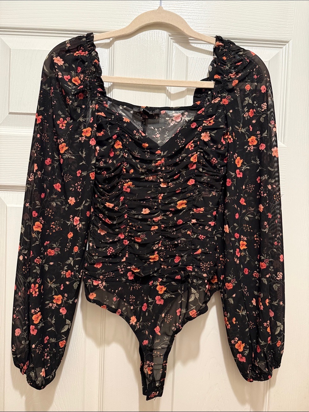 Lulus Black Floral Ruched Mesh Long Sleeve Bodysuit Size S
